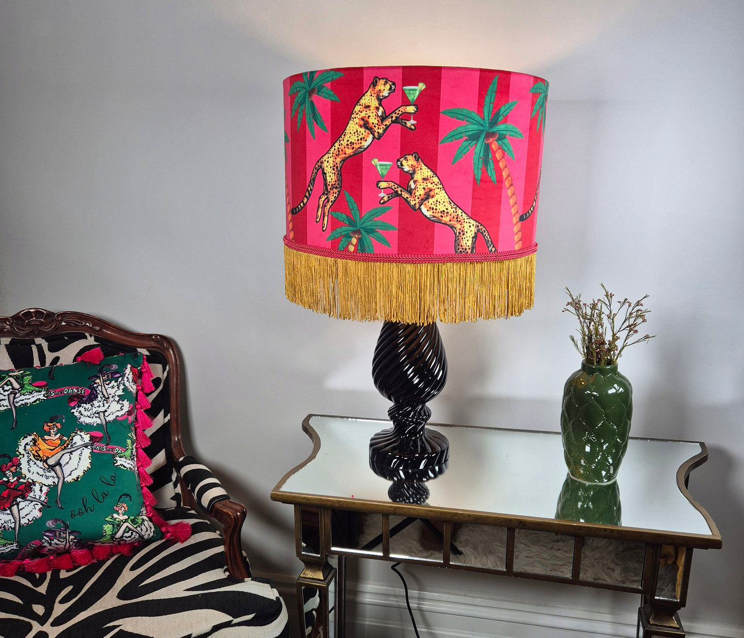 Cocktail Cheetah Tassel Velvet Drum Lampshade Pink and Red Stripe