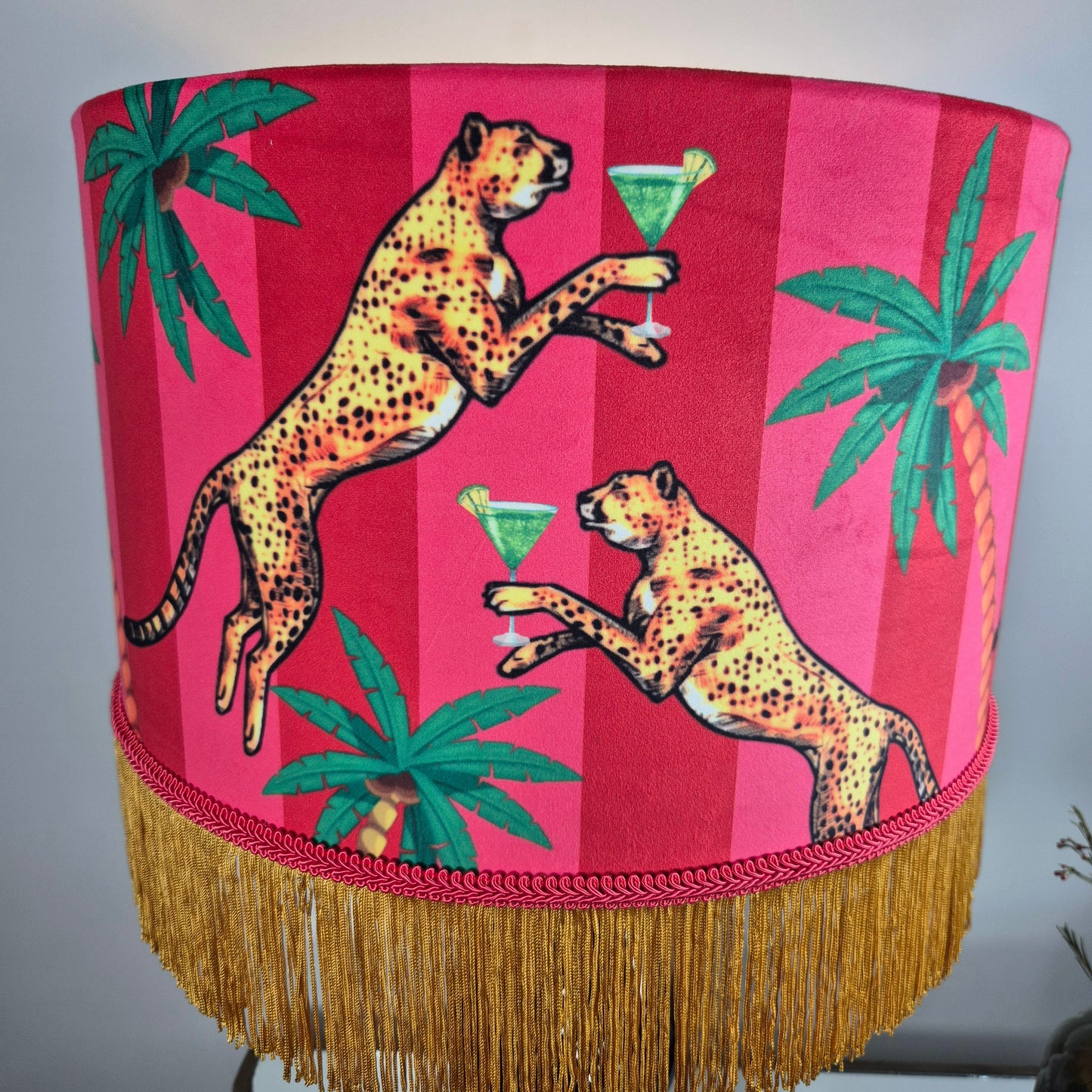 Cocktail Cheetah Tassel Velvet Drum Lampshade Pink and Red Stripe