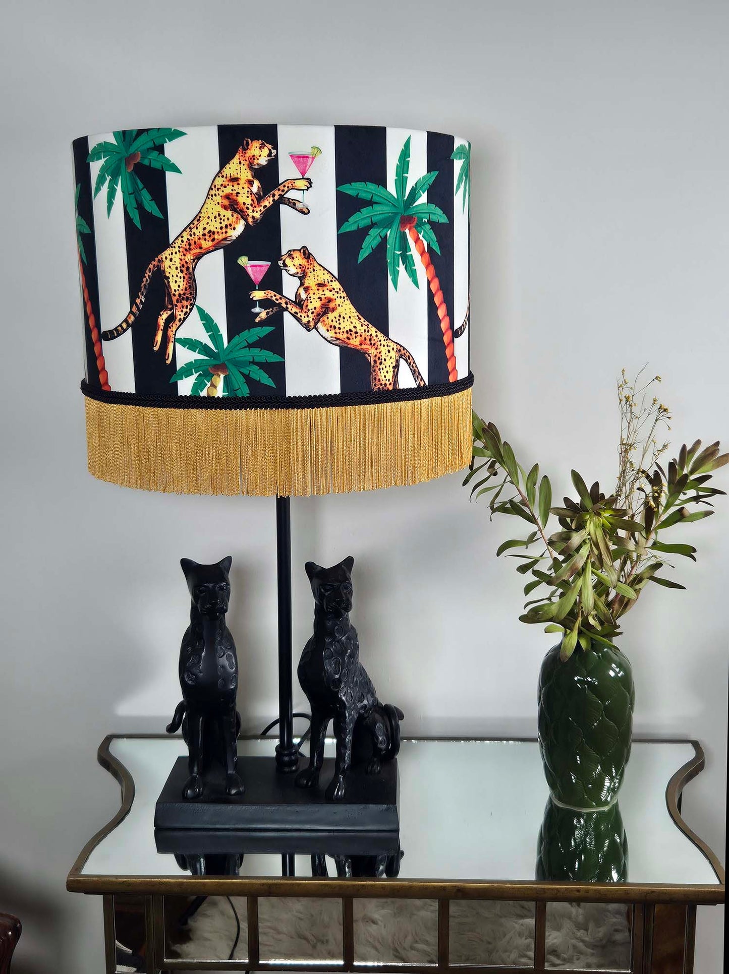 Cocktail Cheetah Tassel Velvet Drum Lampshade Black & White Stripe