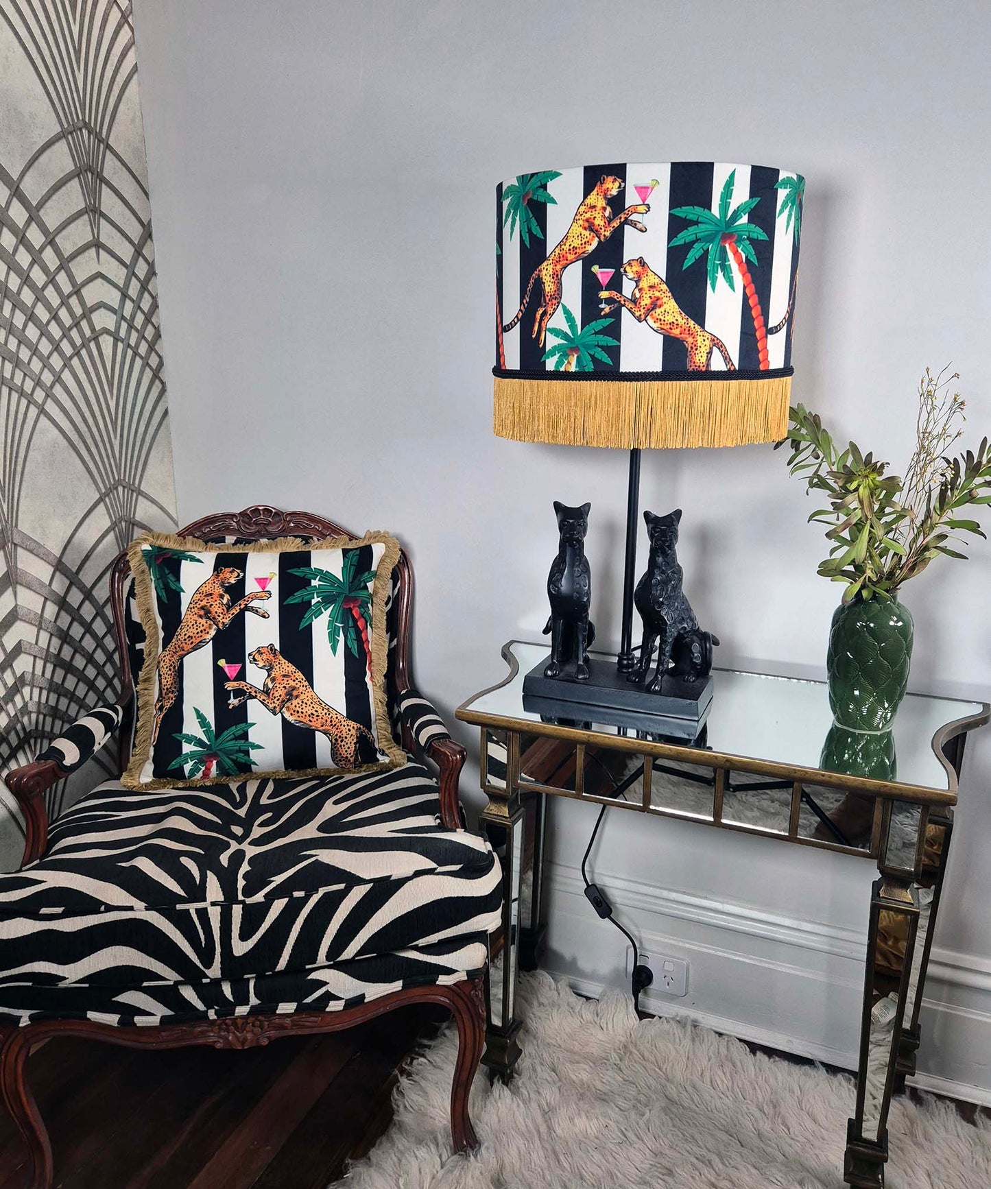 Cocktail Cheetah Tassel Velvet Drum Lampshade Black & White Stripe