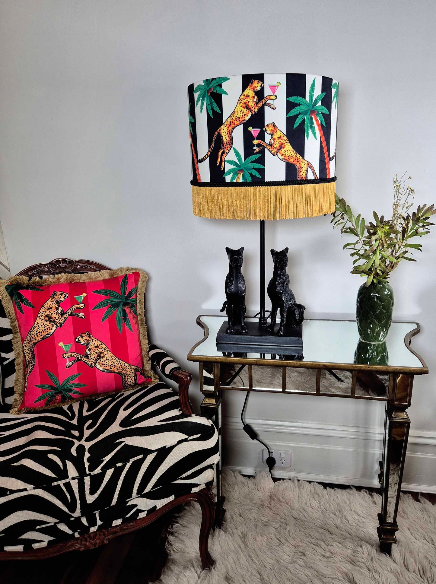 Cocktail Cheetah Tassel Velvet Drum Lampshade Black & White Stripe