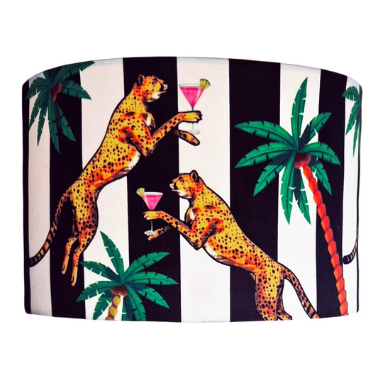 Queen K Cocktail Cheetah Velvet Drum Lampshade Black and White Stripe