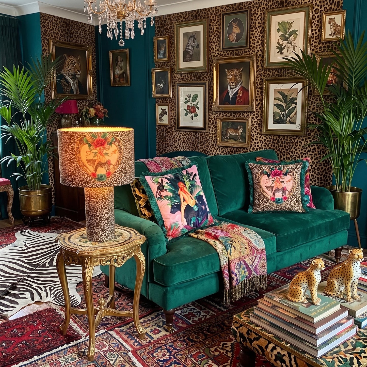 A styled interior scene featuring a teal velvet sofa with colorful patterned pillows and a fringed throw, set against a leopard-print wall with framed portraits and botanical prints. A matching leopard-print tablecloth and decorative props are visible in the room.