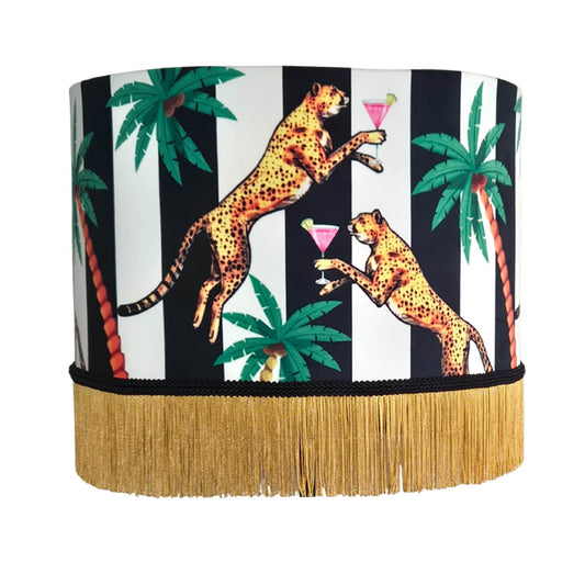 Cocktail Cheetah Tassel Velvet Drum Lampshade Black & White Stripe