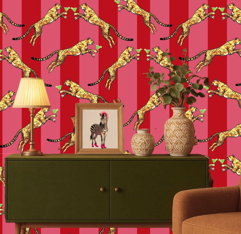 Cocktail Cheetah Striped Red & Pink Wallpaper