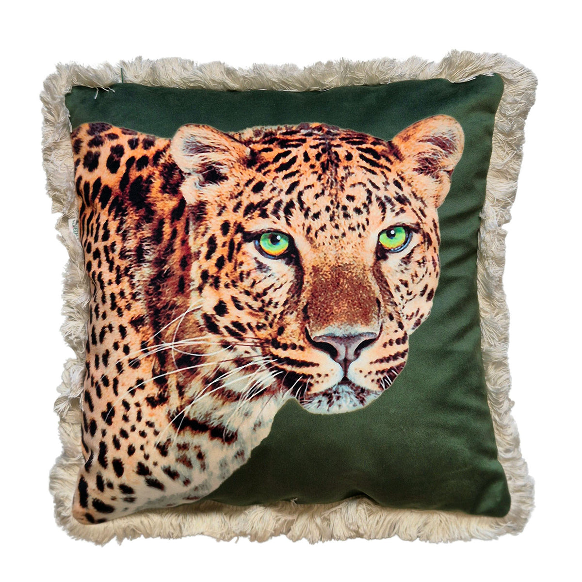 Leopard Lounge Fringed Cushion Olive