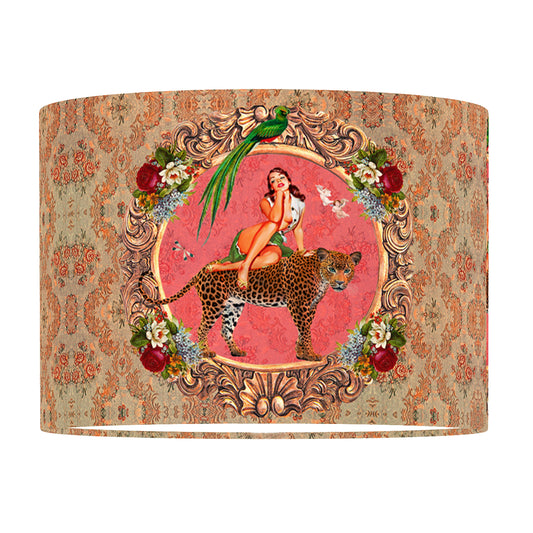 Queen K Alice Vintage Drum Lampshade with colorful vintage art of woman, leopard, bird, and floral frame