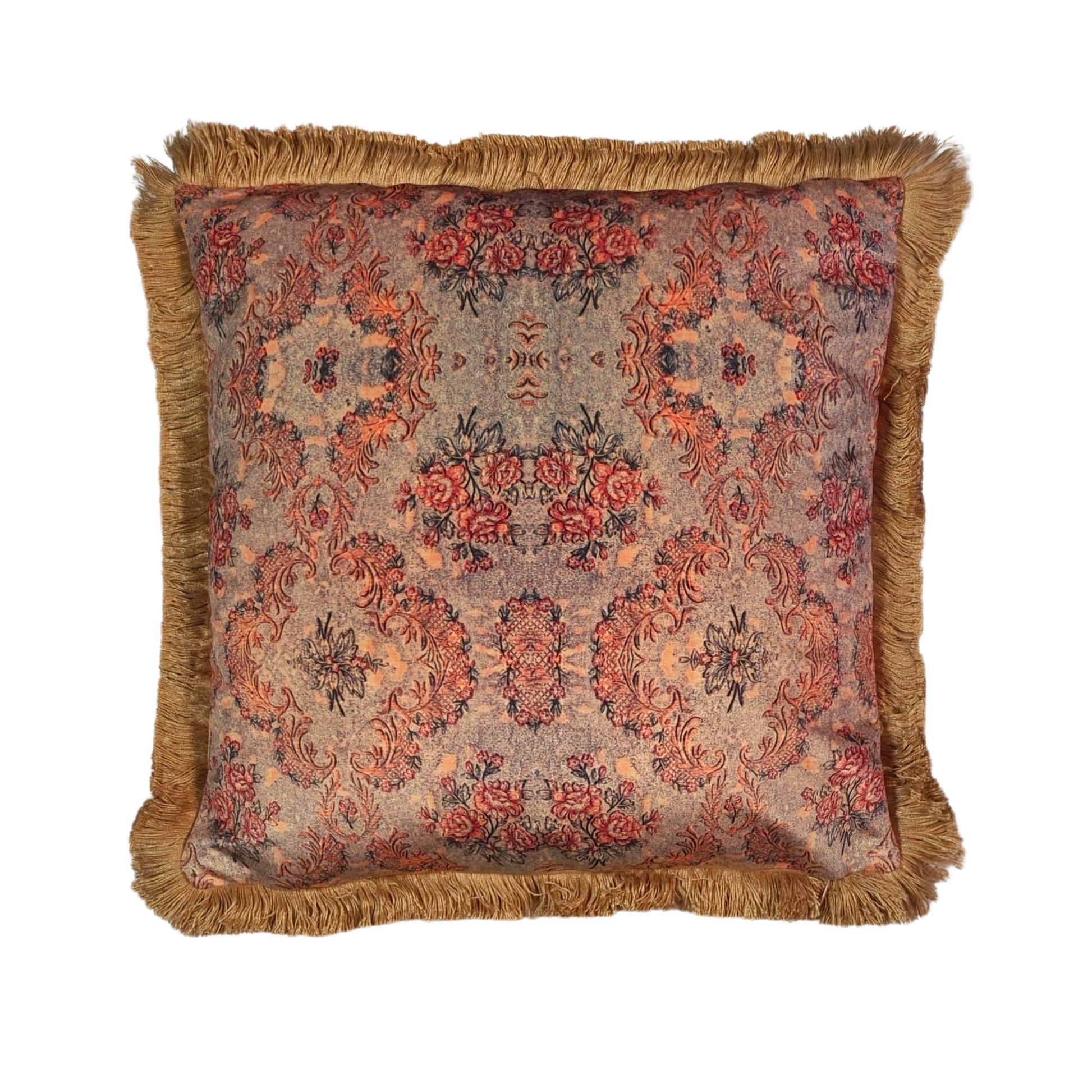 Alice vintage pin-up cushion by Queen K with intricate floral pattern and fringe trim