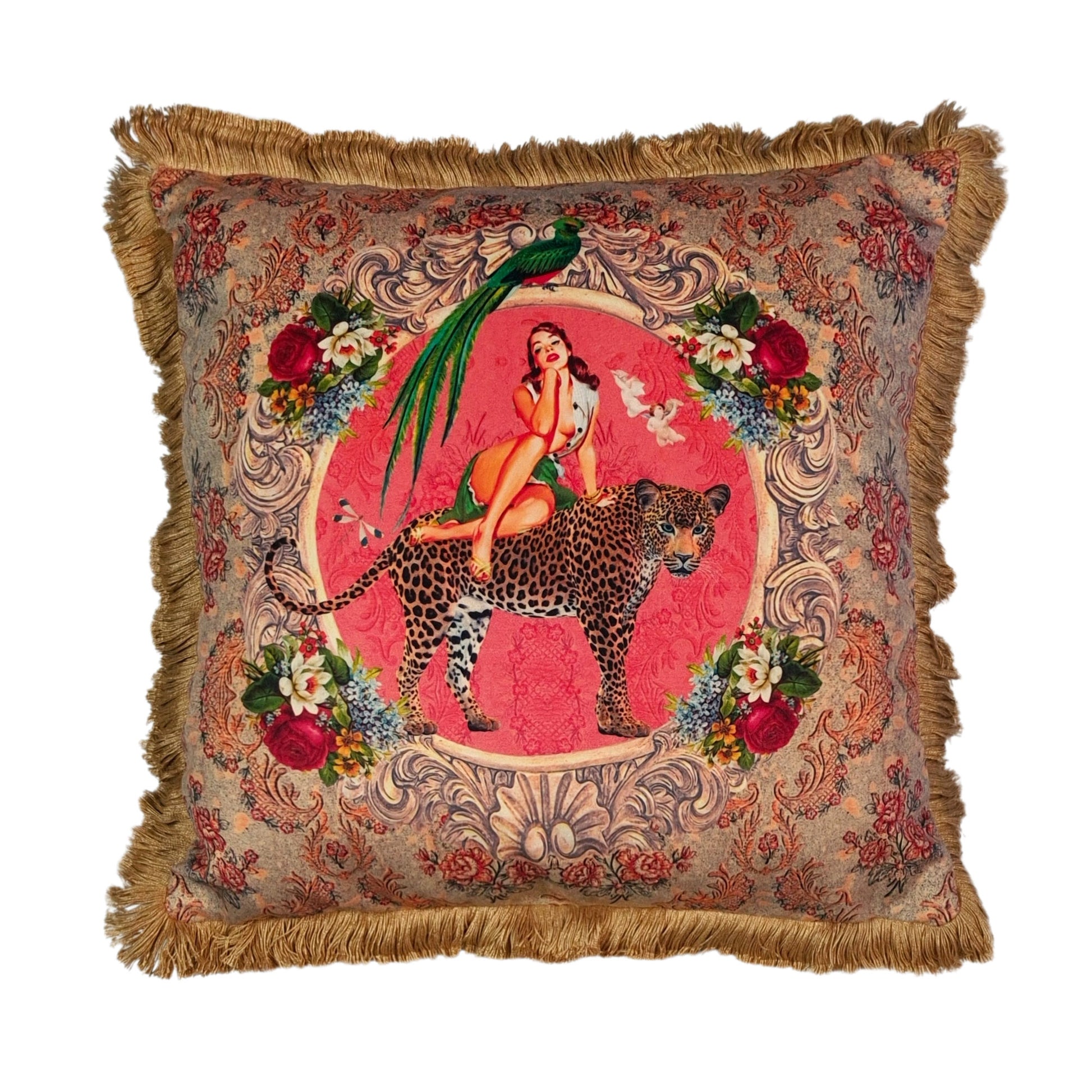 Queen K Alice vintage pin-up cushion with fringe trim featuring a pin-up girl on a leopard and floral design