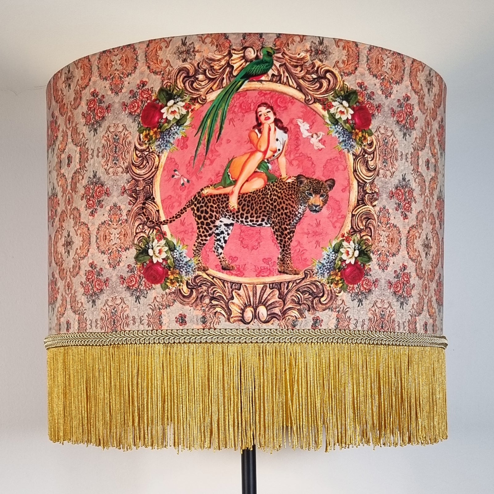 Alice Vintage Tassel Drum Lamp shade by Queen K with fringed gold tassels and vibrant leopard and woman design