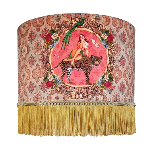 Alice Vintage Tassel Drum Lamp shade by Queen K featuring fringed bottom and vintage animal and floral design