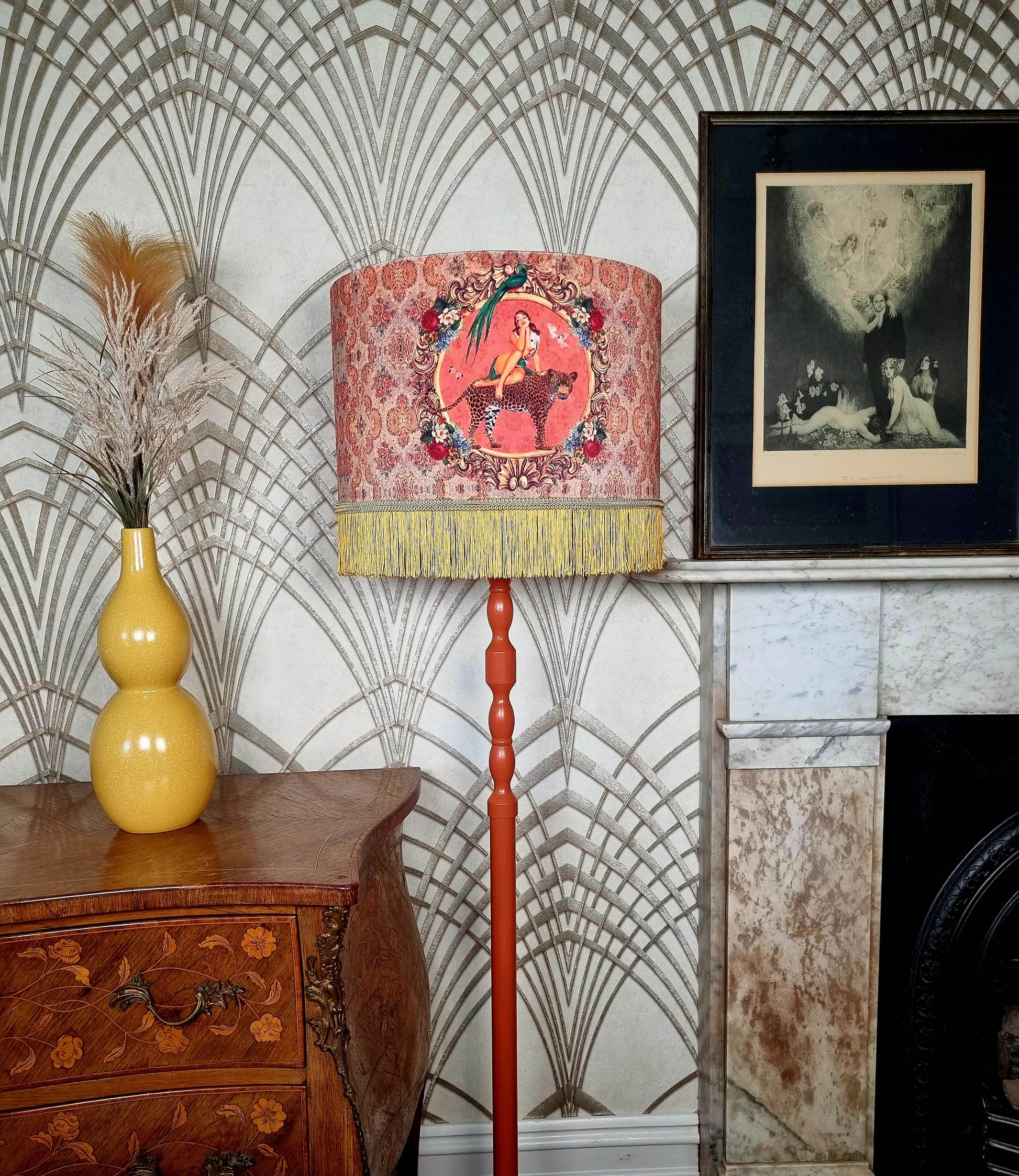 Alice Vintage Tassel Drum Lamp shade with floral design and yellow fringe on red stand in vintage room setting