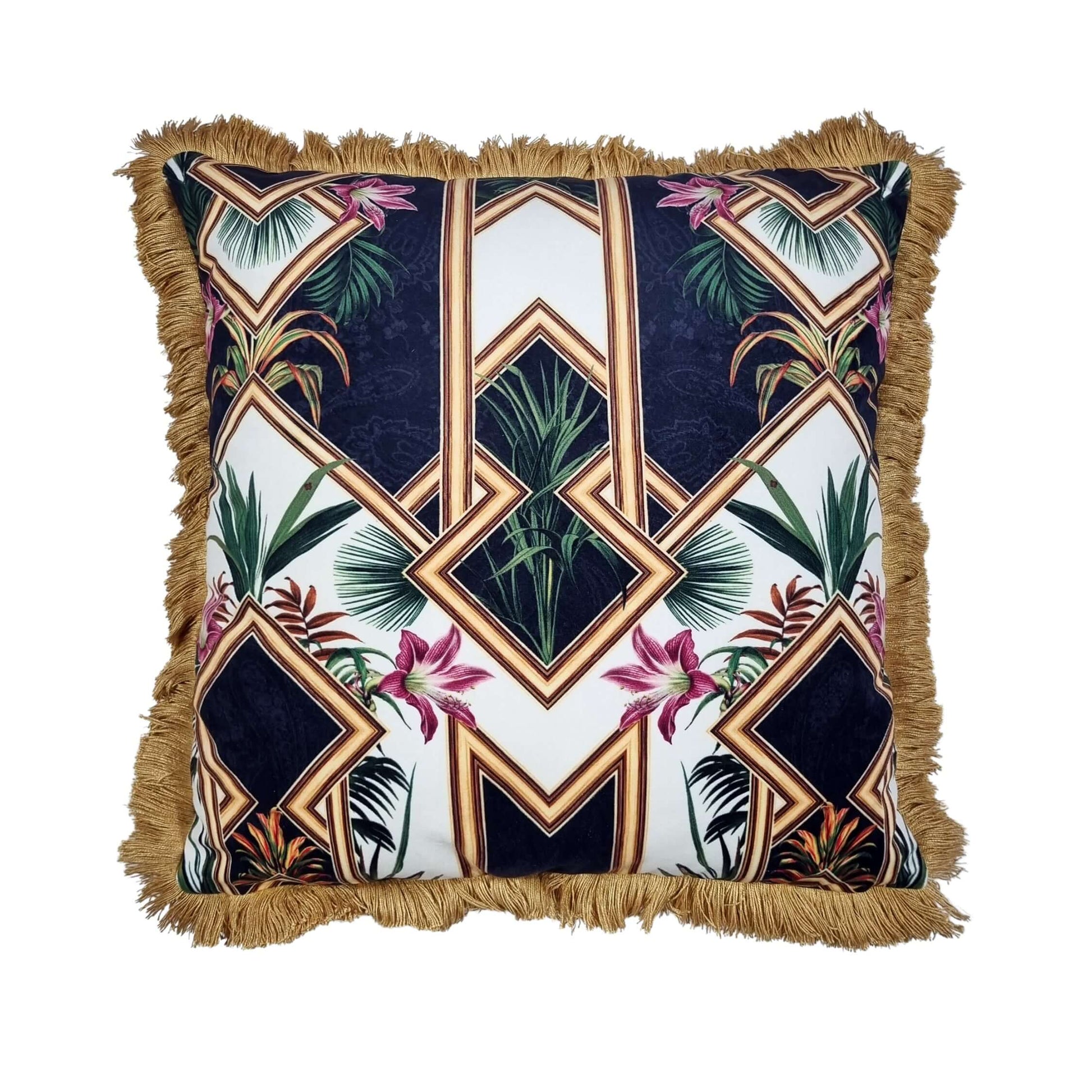 Queen K art deco cushion with geometric floral design and gold fringe trim