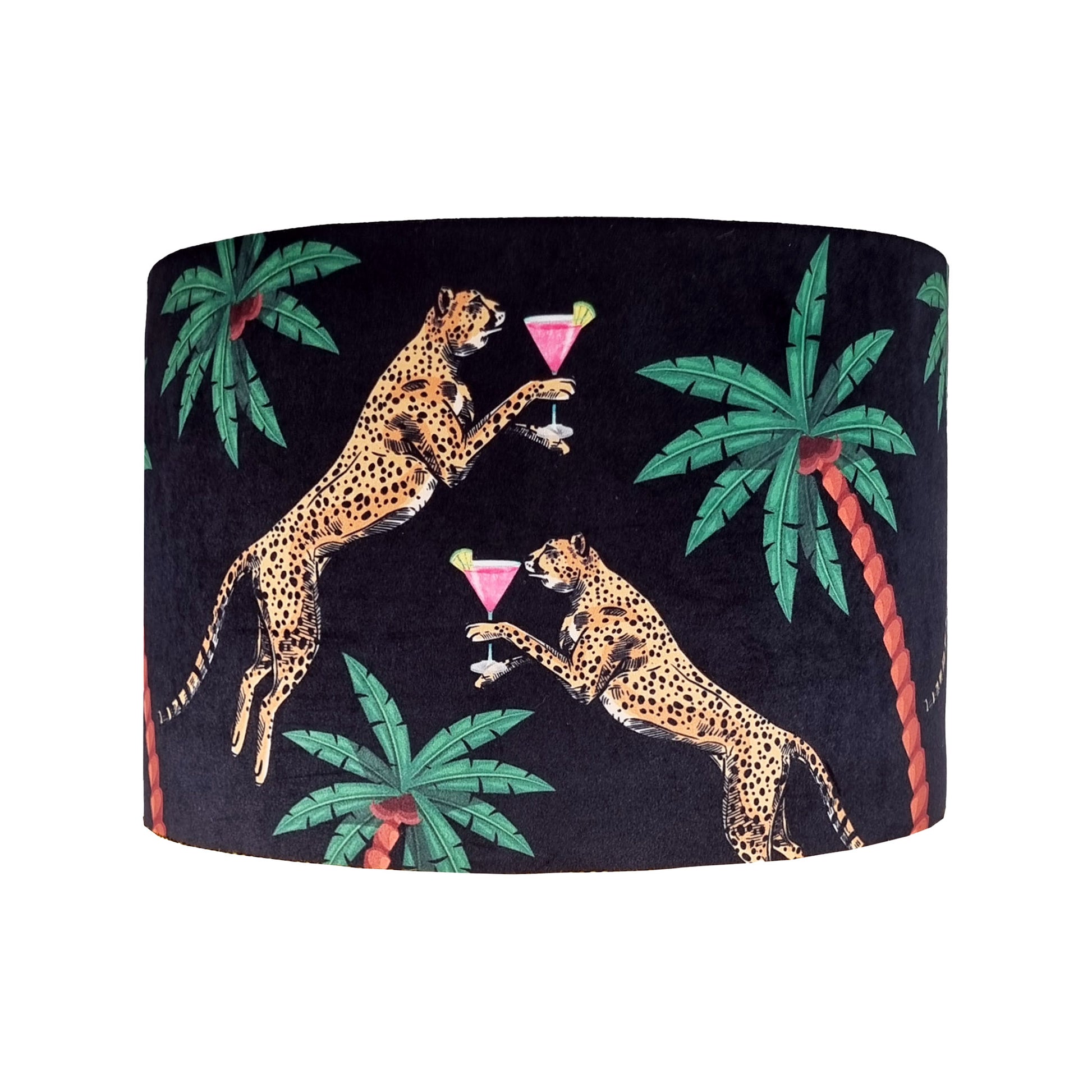 Queen K Cocktail Cheetah Drum Lampshade Black with cheetah and palm tree design holding cocktail glasses