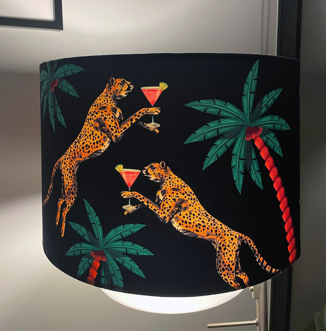 Cocktail Cheetah Drum Lampshade Black with cheetah and palm tree print by Queen K