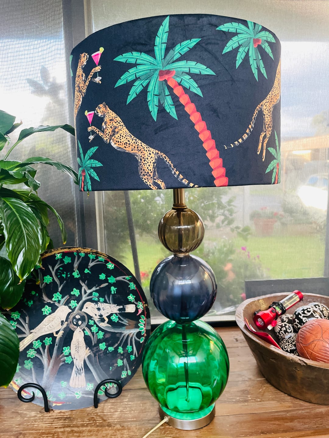 Queen K Cocktail Cheetah Drum Lampshade Black with palm tree and cheetah design on decorative table lamp