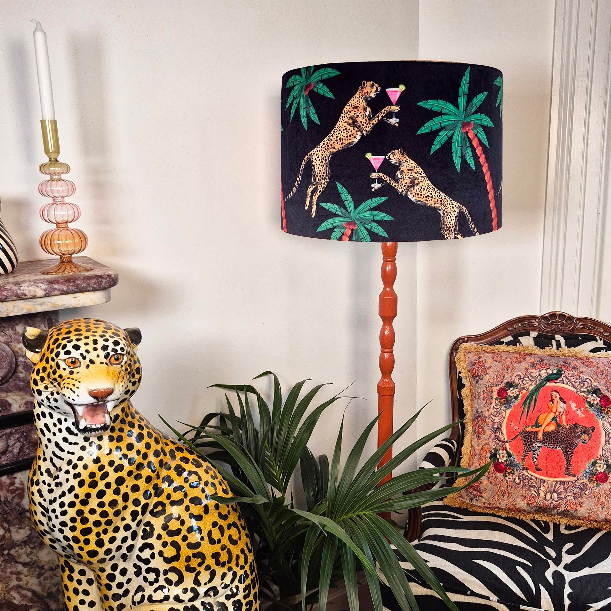 Cocktail Cheetah Drum Lampshade Black by Queen K featuring cheetah and cocktail designs on a black drum lampshade