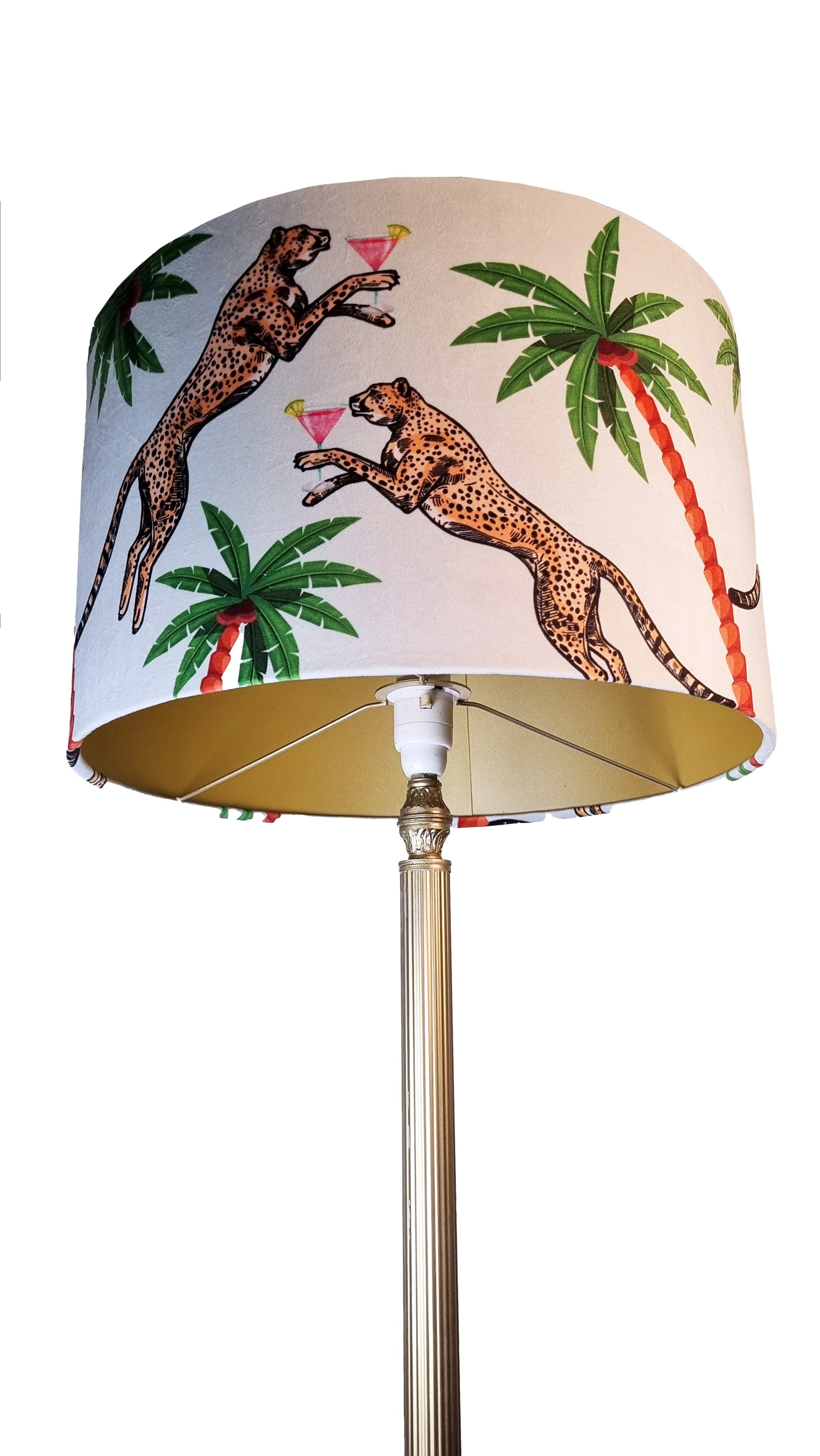 Queen K Cocktail Cheetah Drum Lampshade  with leaping cheetahs and palm tree design