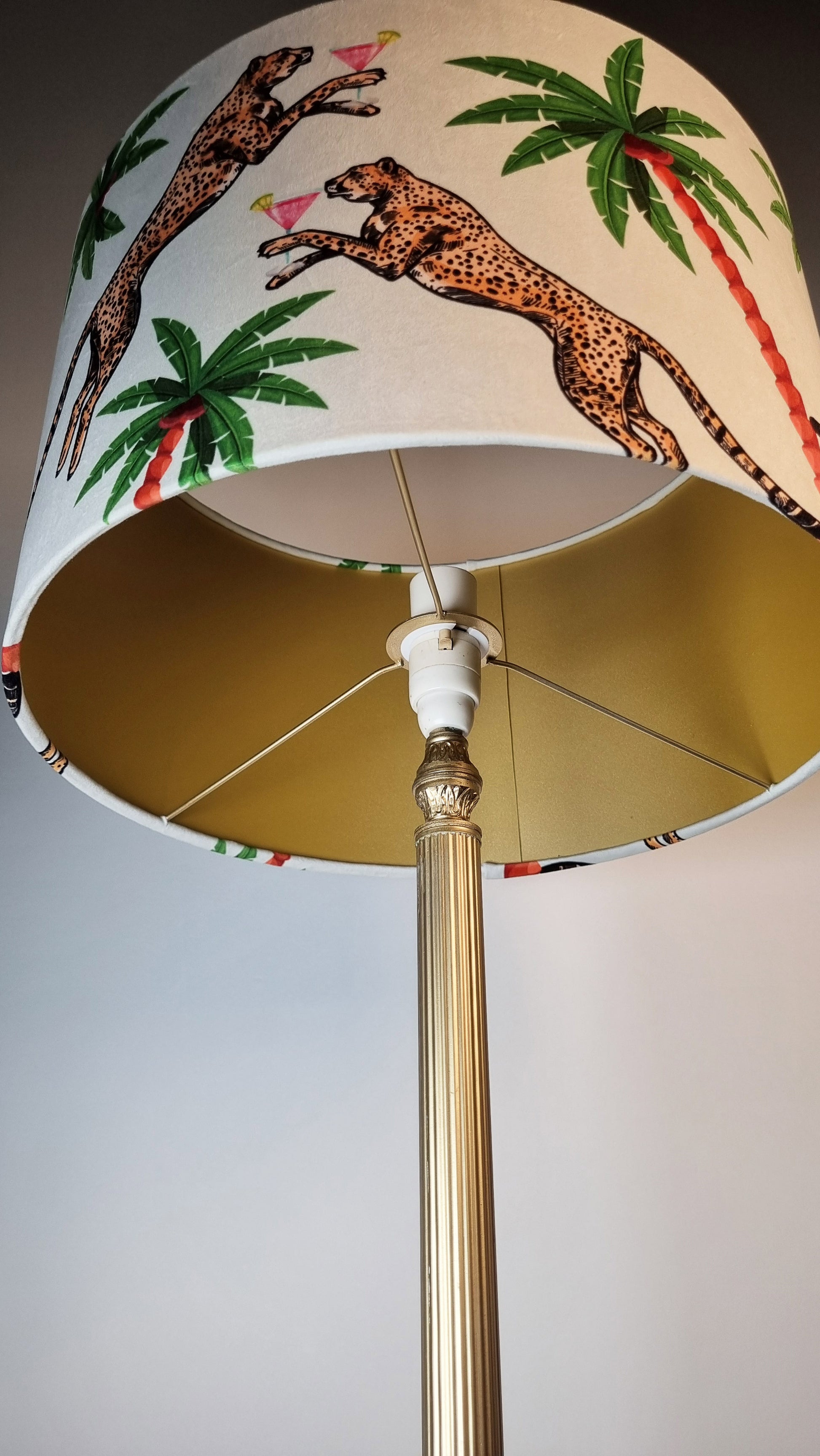 Cocktail Cheetah Drum Lampshade Ice Dream with leaping cheetahs and palm trees on white fabric by Queen K