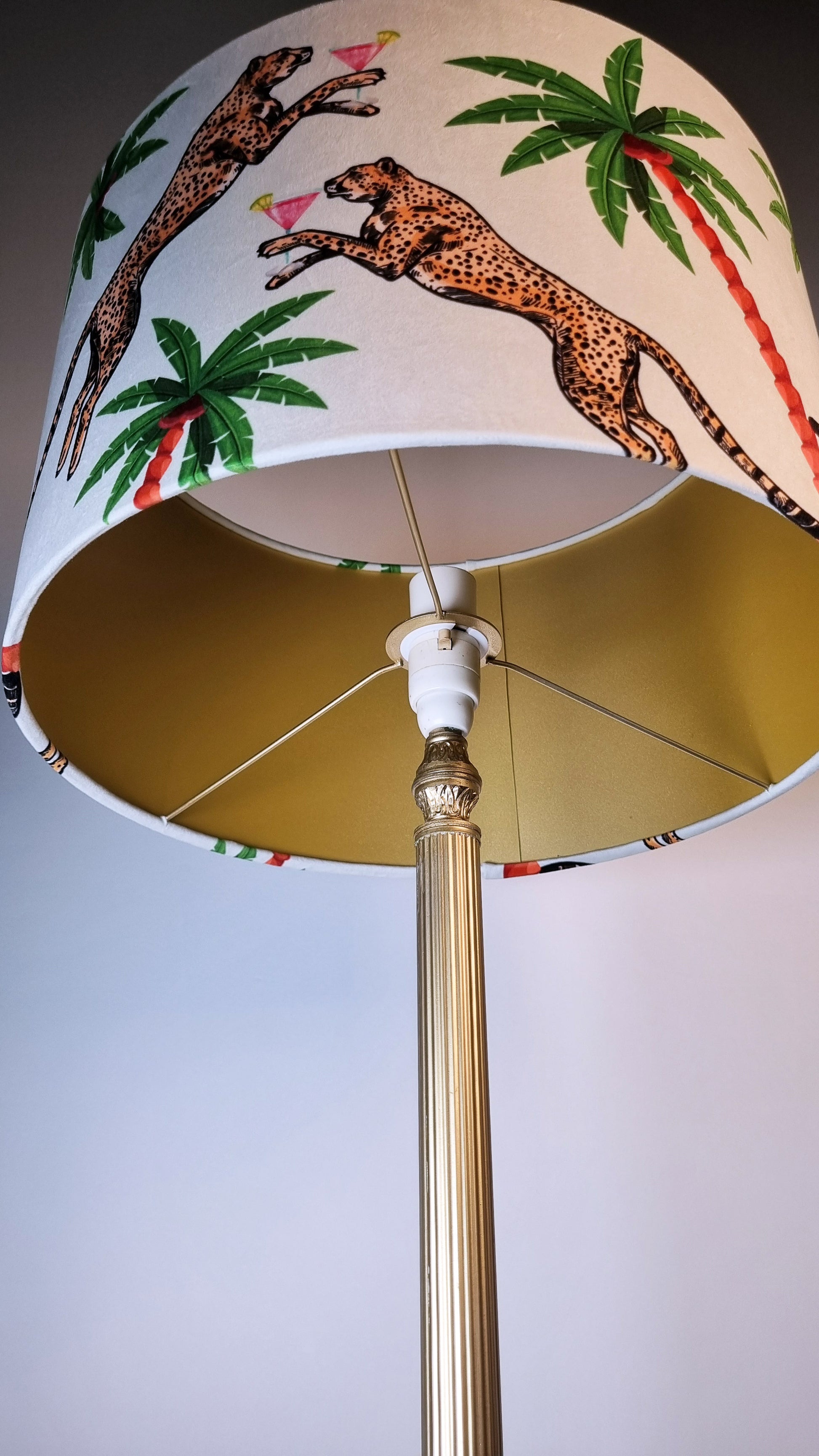 Cocktail Cheetah Drum Lampshade Ice Dream by Queen K with cheetah and palm tree design on white background