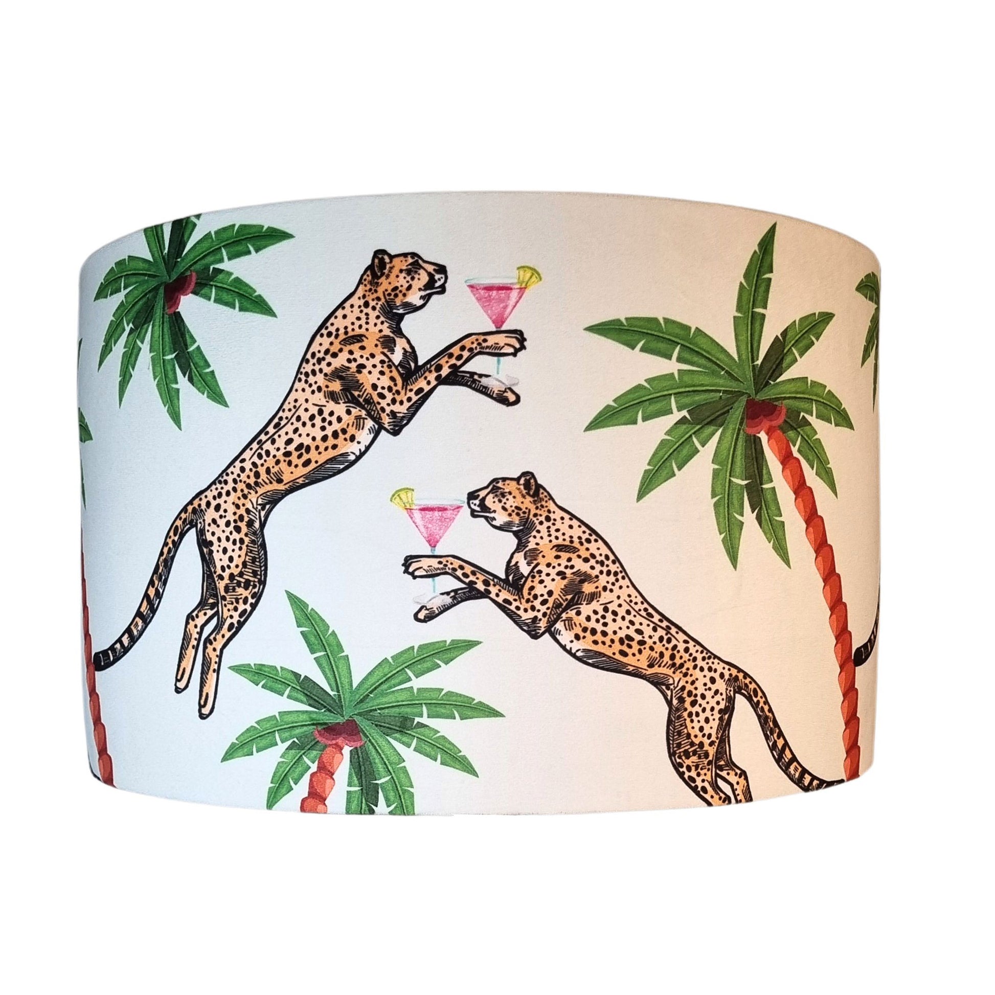Queen K Cocktail Cheetah Drum Lampshade Ice Dream with leaping cheetahs and palm tree design