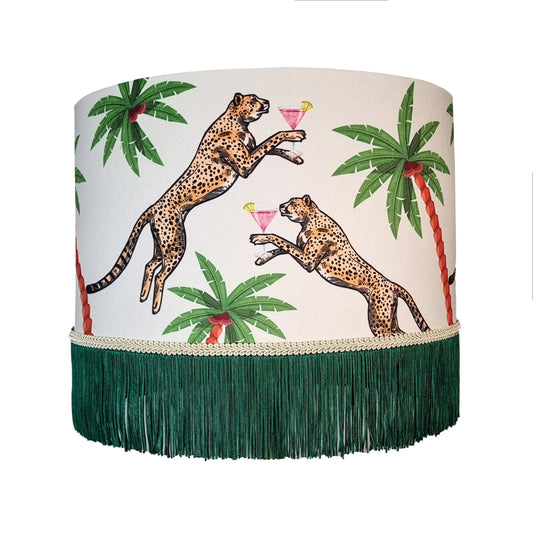 Cocktail Cheetah Fringed Drum Lampshade Ice Dream with green fringe and tropical cheetah design