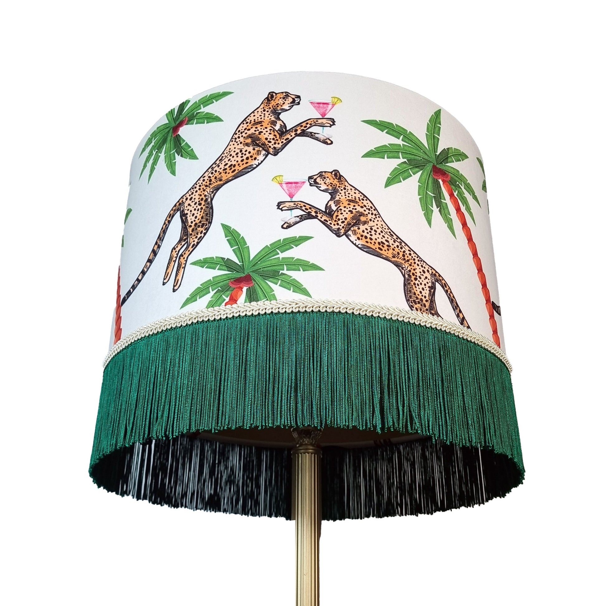 Cocktail Cheetah Fringed Drum Lampshade Ice Dream with leaping cheetahs and palm tree design