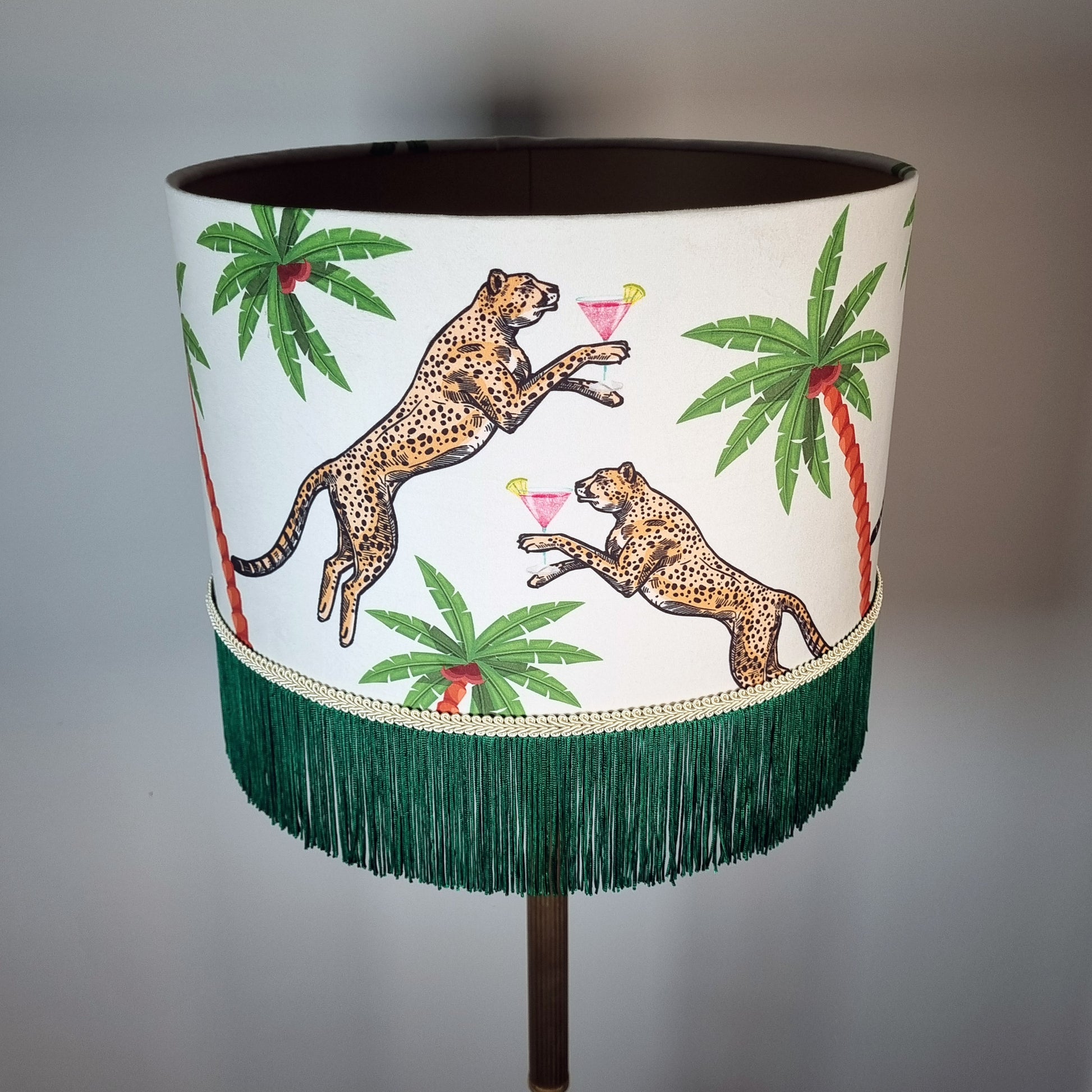 Cocktail Cheetah Fringed Drum Lampshade Ice Dream with green fringe and cheetah cocktail design