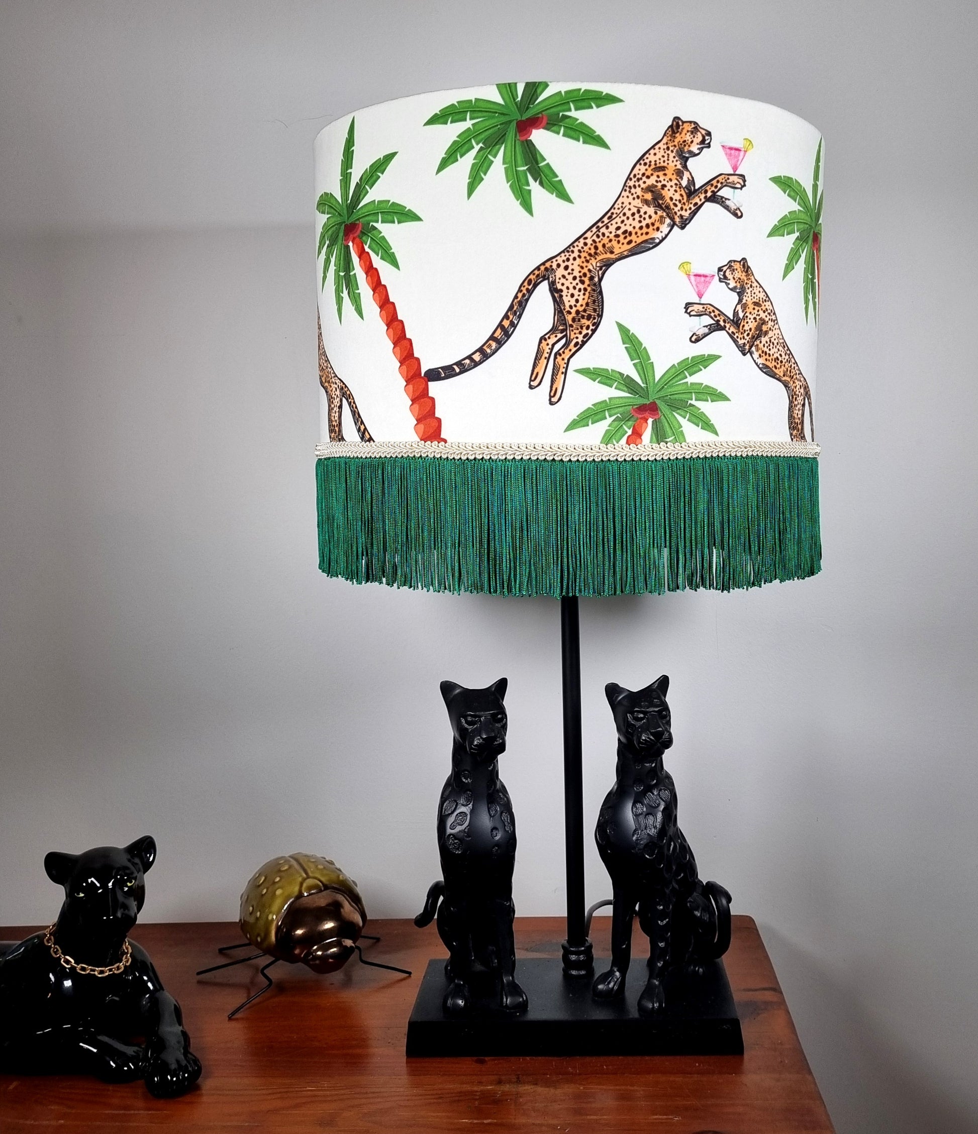 Queen K Cocktail Cheetah Fringed Drum Lampshade Ice Dream with green fringe and cheetah palm tree design