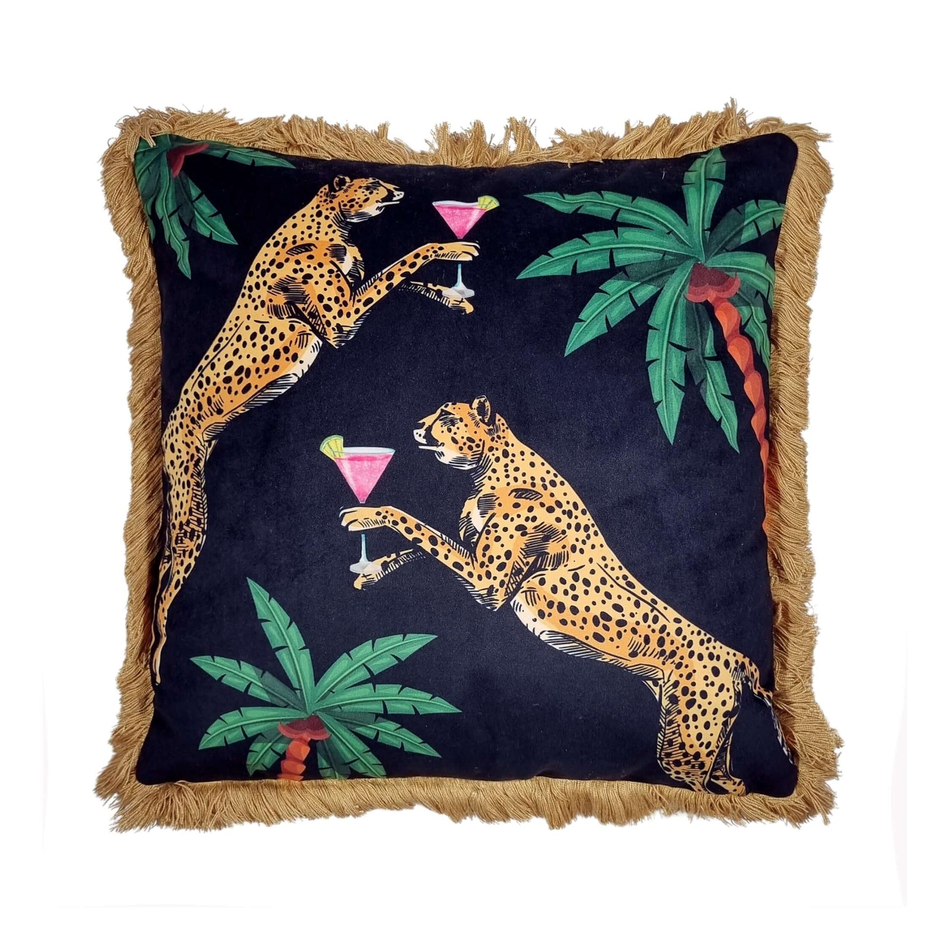 Queen K Cocktail Cheetah print decorative cushion with leopards holding cocktails and green palm leaves on black background