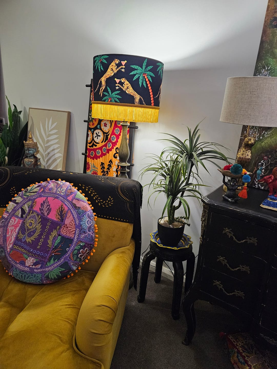 Cocktail Cheetah Tassel Drum Lampshade Black with fringed yellow tassels and cheetah print by Queen K