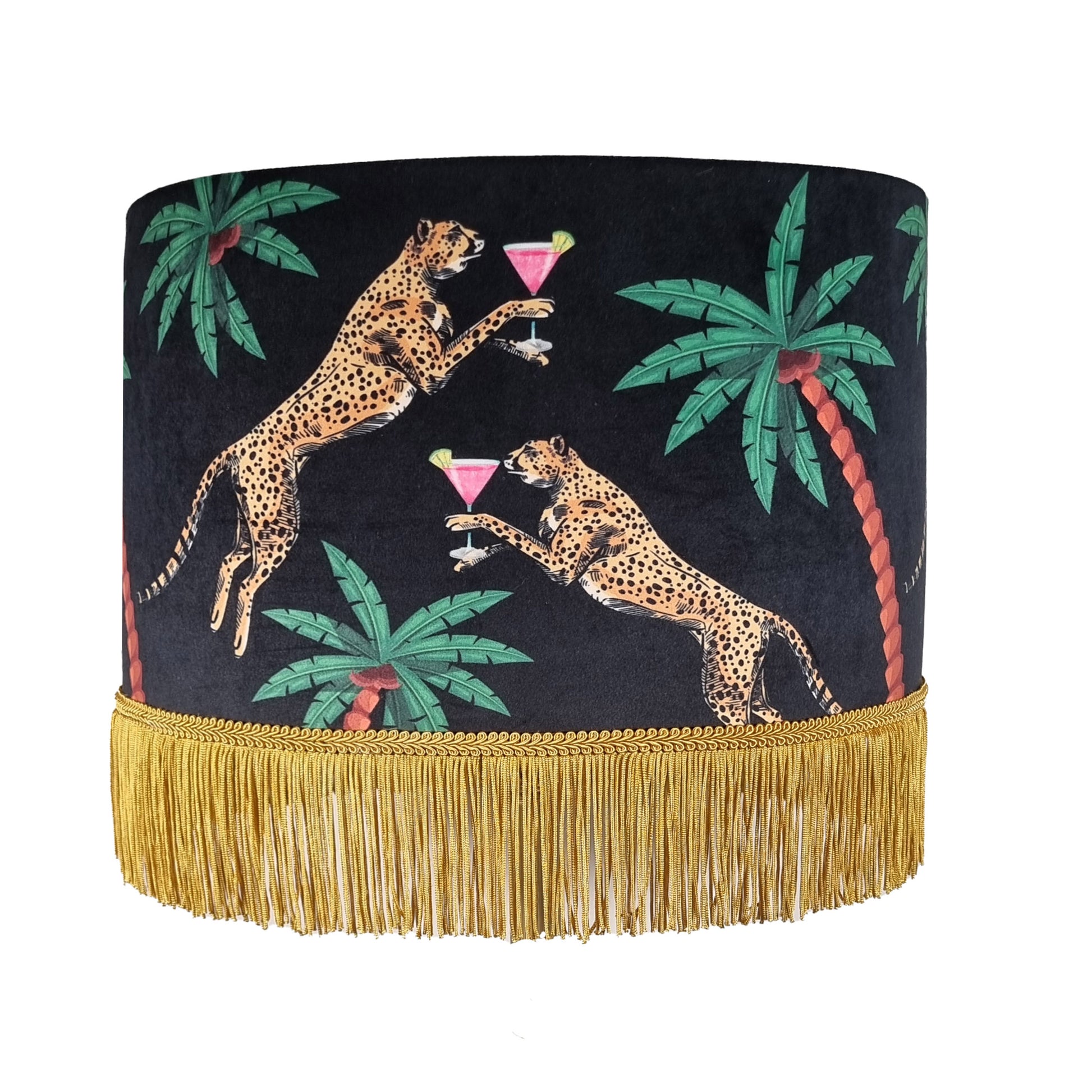 Cocktail Cheetah Tassel Drum Lampshade Black with cheetah and palm tree design and gold fringe trim