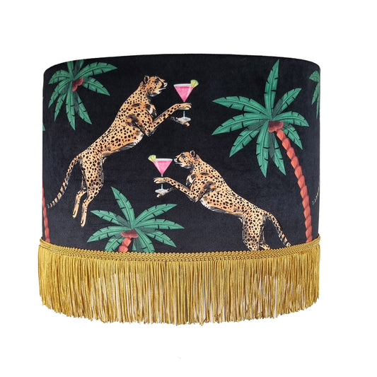Cocktail Cheetah Tassel Drum Lampshade Black with cheetah and palm tree design and gold fringe trim
