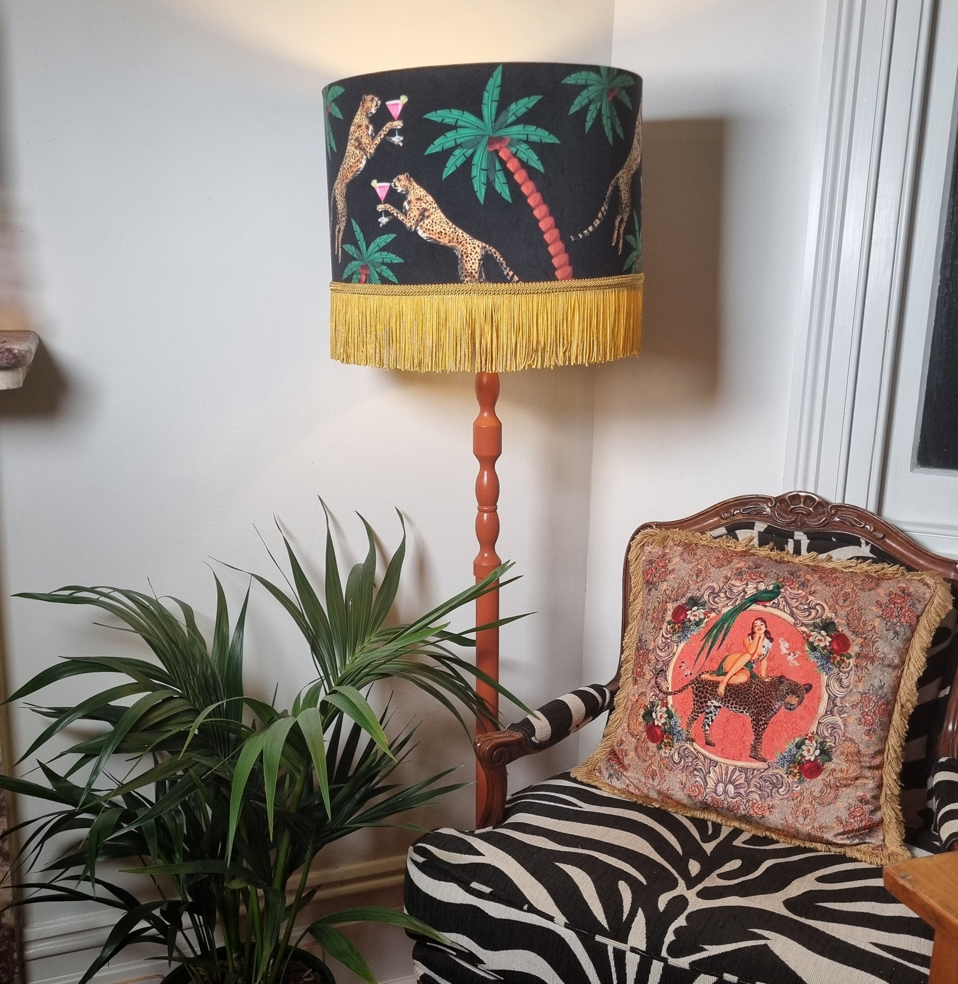 Cocktail Cheetah Tassel Drum Lampshade Black with yellow fringe on wooden floor lamp by Queen K