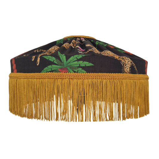Cocktail Cheetah Tiffany Lampshade Black 100% Linen fringe lampshade by Queen K with leopard and palm print