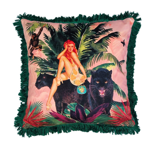 Queen K handmade jungle print cushion with green fringe and colourful tropical design