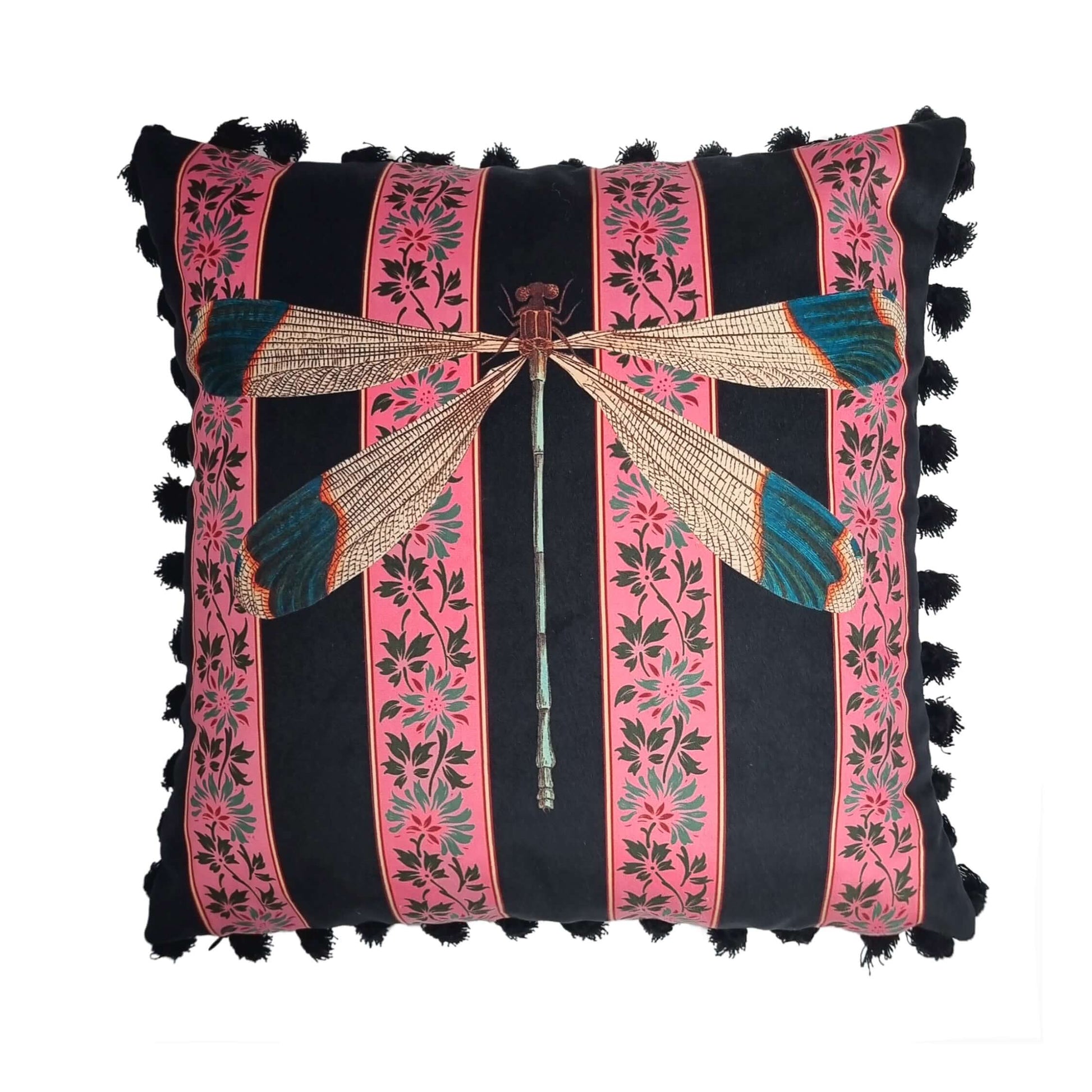 Queen K handmade mermaid pink cushion throw pillow with dragonfly design and decorative tassels