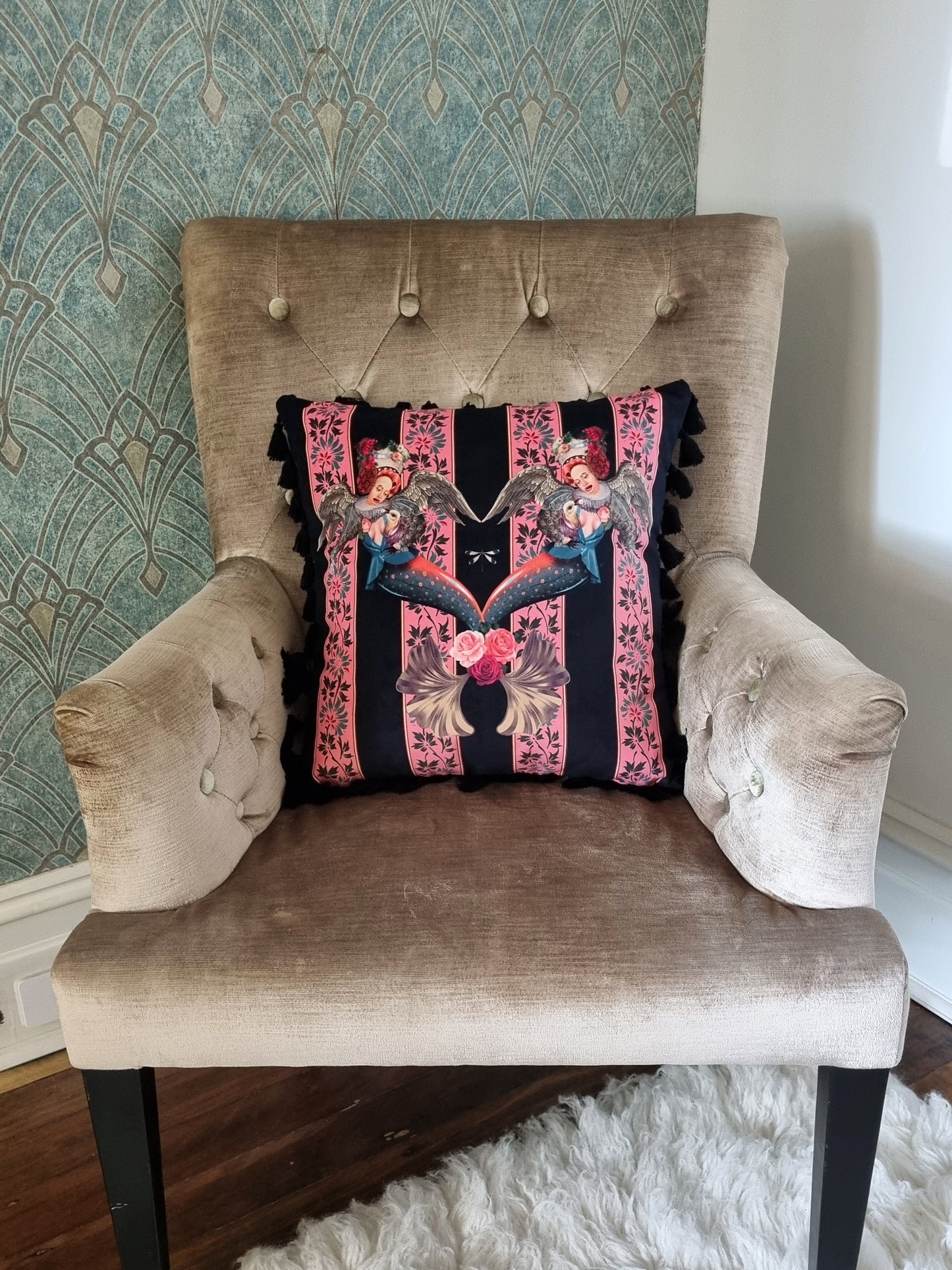 Queen K handmade mermaid pink cushion with intricate mermaid and floral design on velvet throw pillow