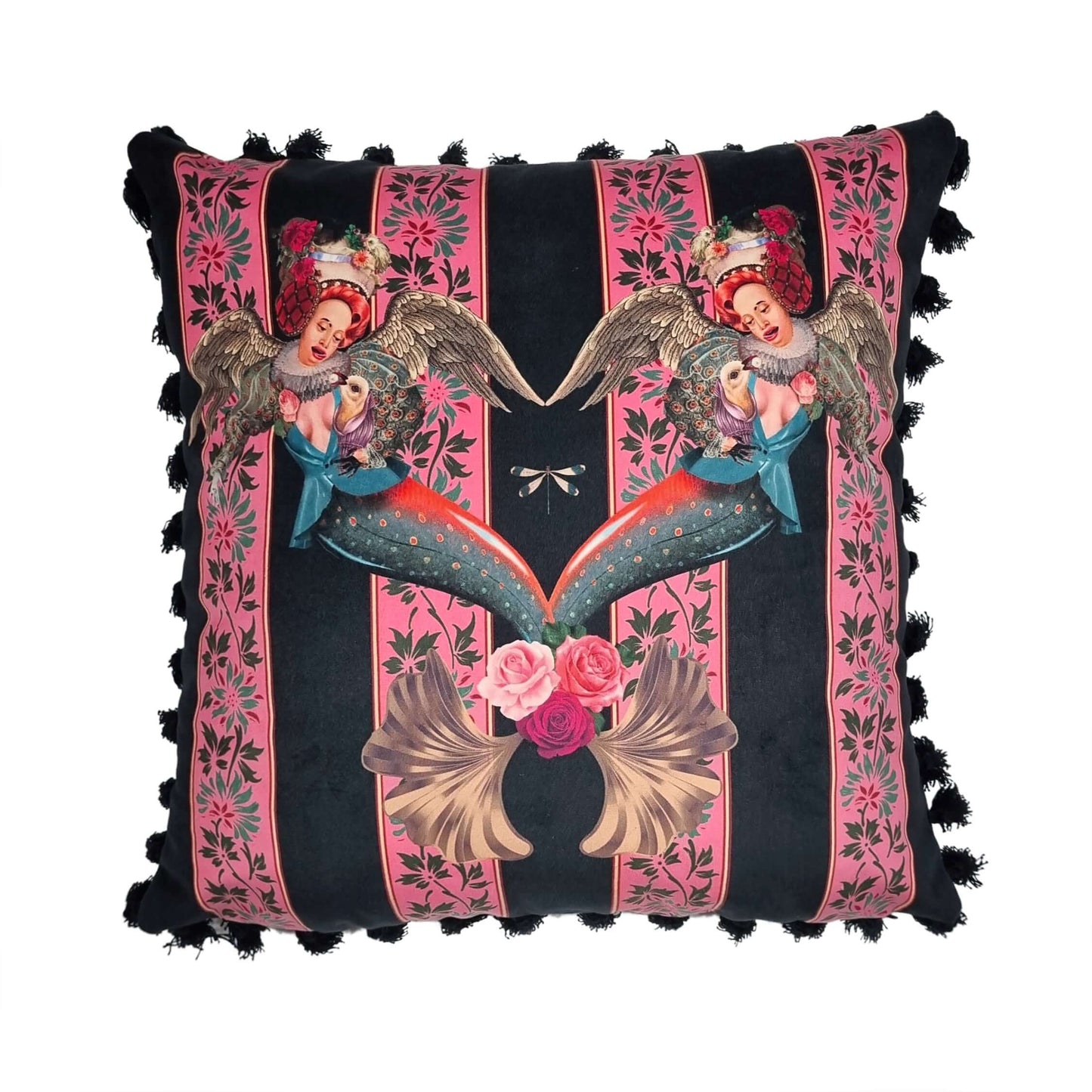 Queen K handmade mermaid pink cushion throw pillow with artistic twin mermaid design and floral accents