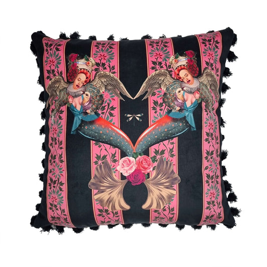 Queen K handmade mermaid pink cushion throw pillow with artistic twin mermaid design and floral accents