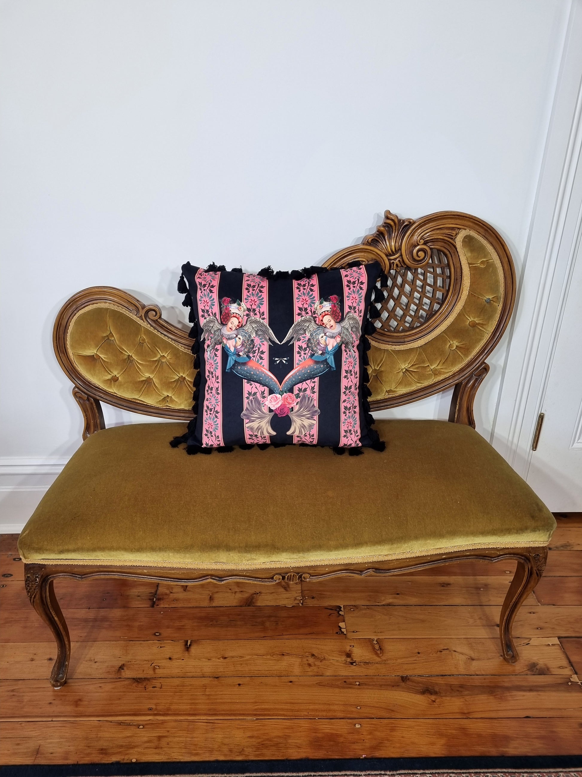 Handmade mermaid pink cushion by Queen K on vintage tufted gold velvet loveseat