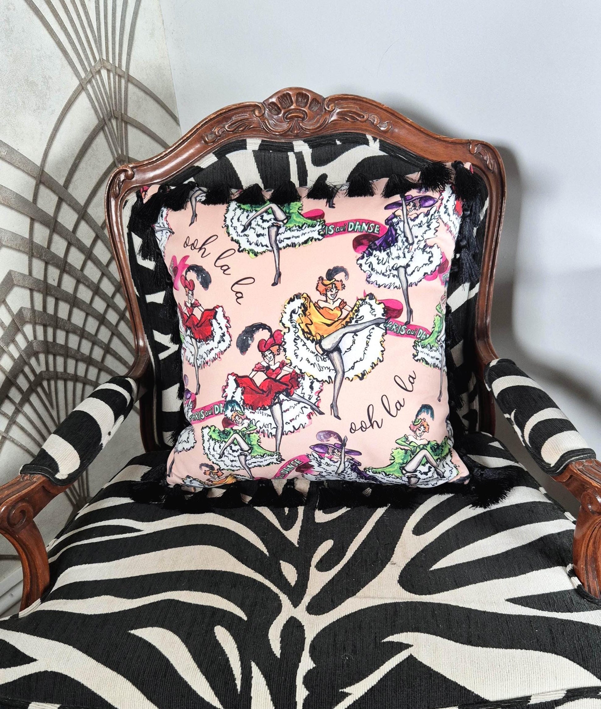 Pink velvet cushion with tassels for bedroom dressing room french boudoir decor printed decorative pillow fringe colourful cushion retro