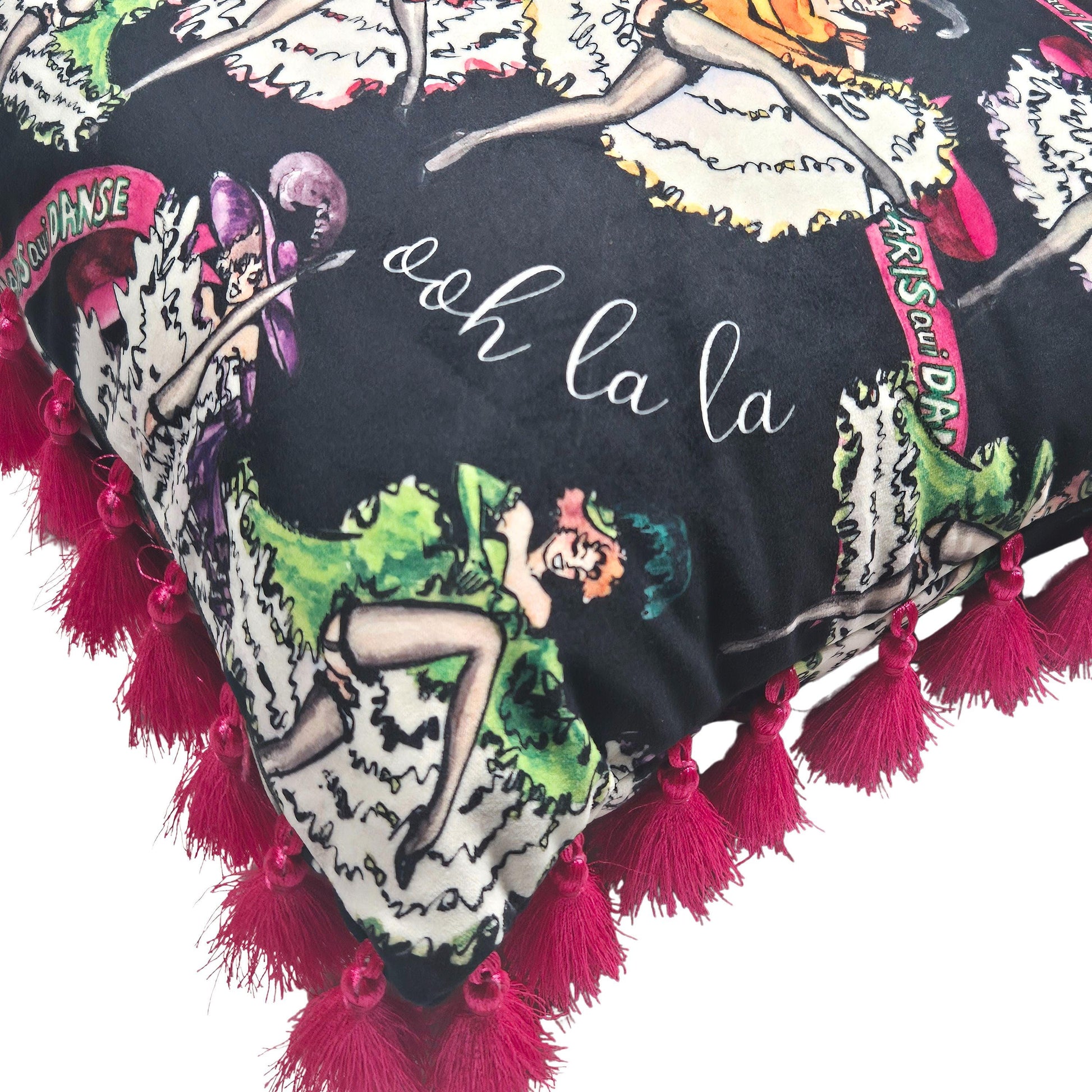 Black velvet cushion with tassels for bedroom dressing room french boudoir vintage printed decorative pillow fringe colourful cushion retro