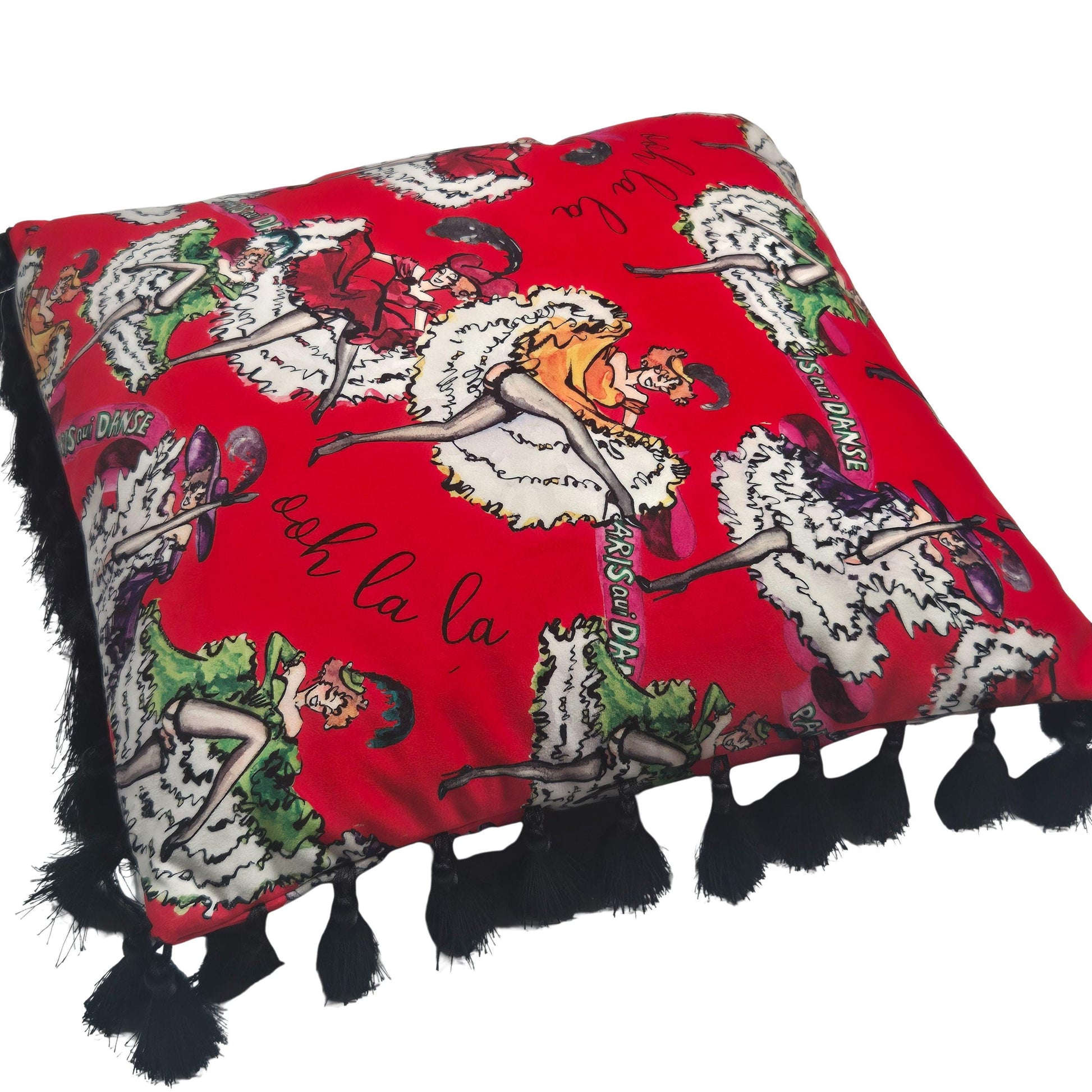 Red velvet pillow with tassels for bedroom dressing room french boudoir vintage printed decorative pillow fringe colourful cushion retro