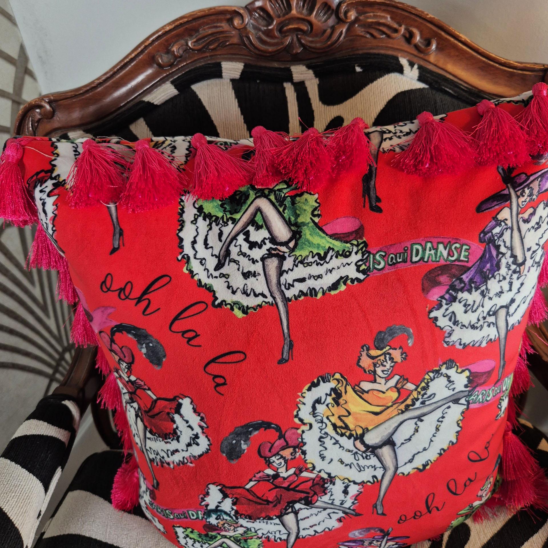 Red velvet pillow with tassels for bedroom dressing room french boudoir vintage printed decorative pillow fringe colourful cushion retro