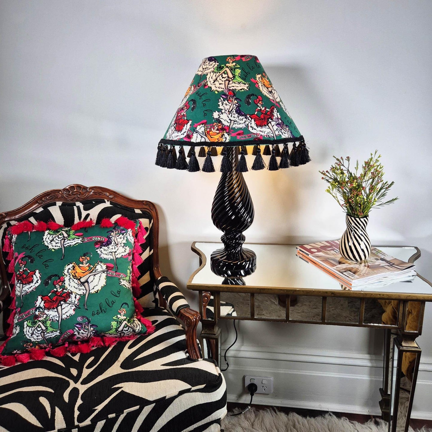 Green velvet cushion with tassels for bedroom dressing room french boudoir vintage printed decorative pillow fringe colourful cushion retro