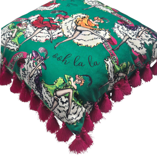 Green velvet cushion with tassels for bedroom dressing room french boudoir vintage printed decorative pillow fringe colourful cushion retro