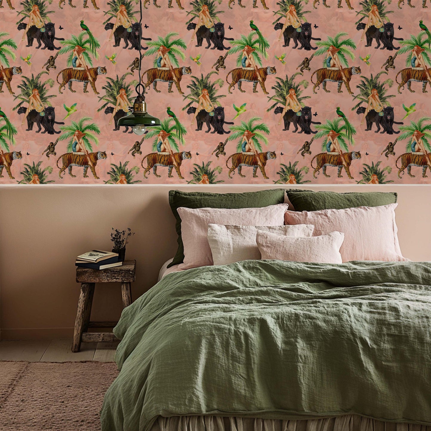 Jungle Pink Wallpaper retro girls, tiger peel and stick, vintage style wall paper, tropical wallpaper, exotic wall coverings animal