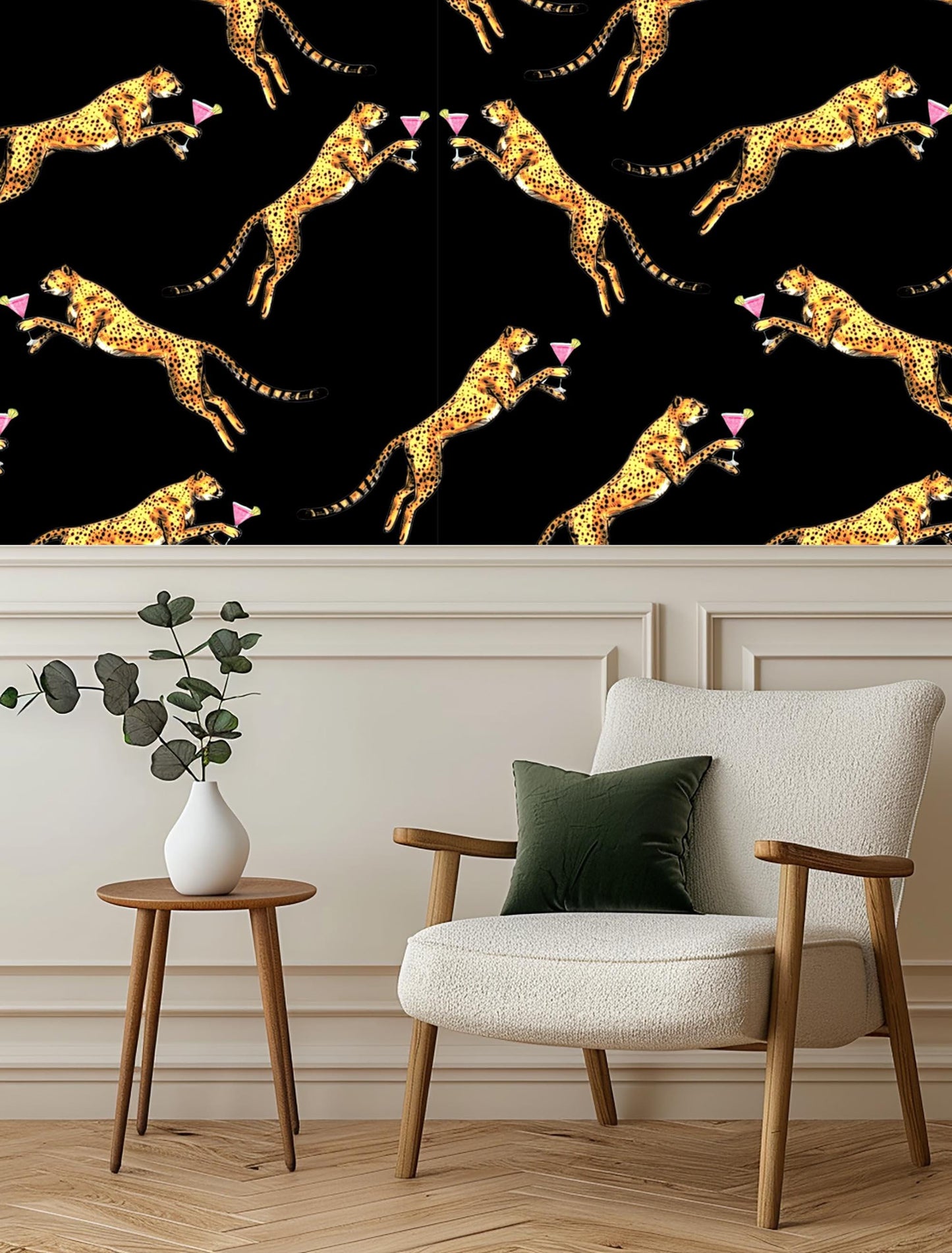 Cocktail cheetah black peel and stick wallpaper, leopard vintage wall paper, statement wallpaper, exotic wall coverings animal wall paper