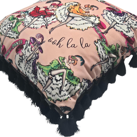 Pink velvet cushion with tassels for bedroom dressing room french boudoir decor printed decorative pillow fringe colourful cushion retro